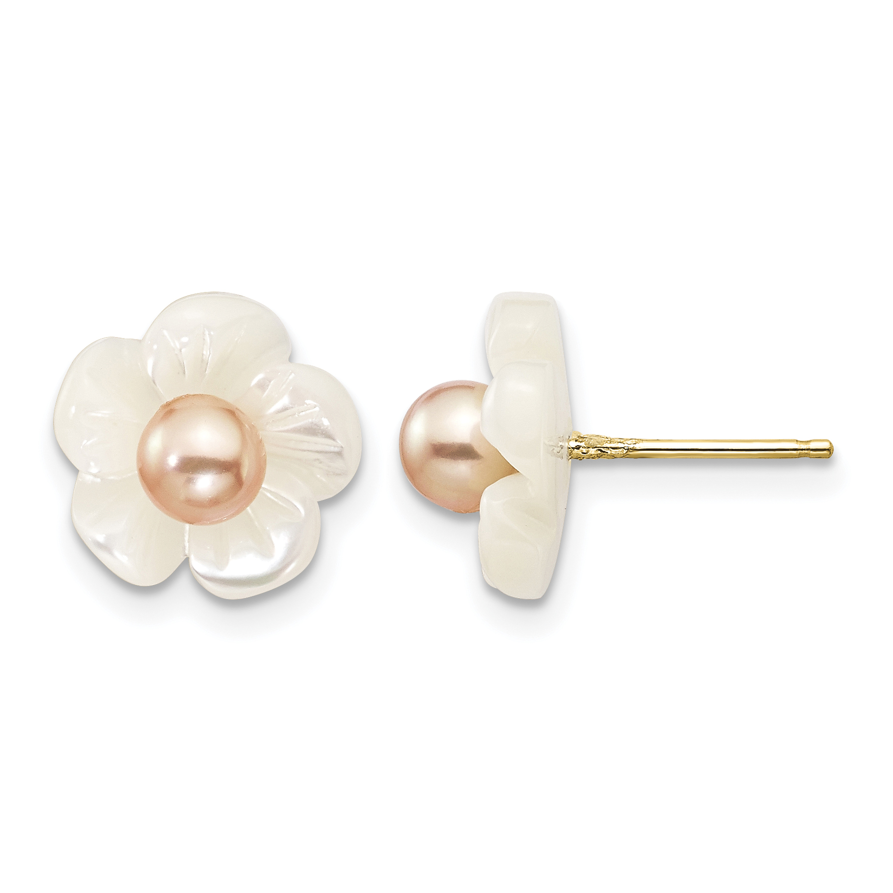 10k 3-4mm Pink Freshwater Cultured Pearl with 10mm Mother of Pearl Flower Post Earrings (10XF592EP)