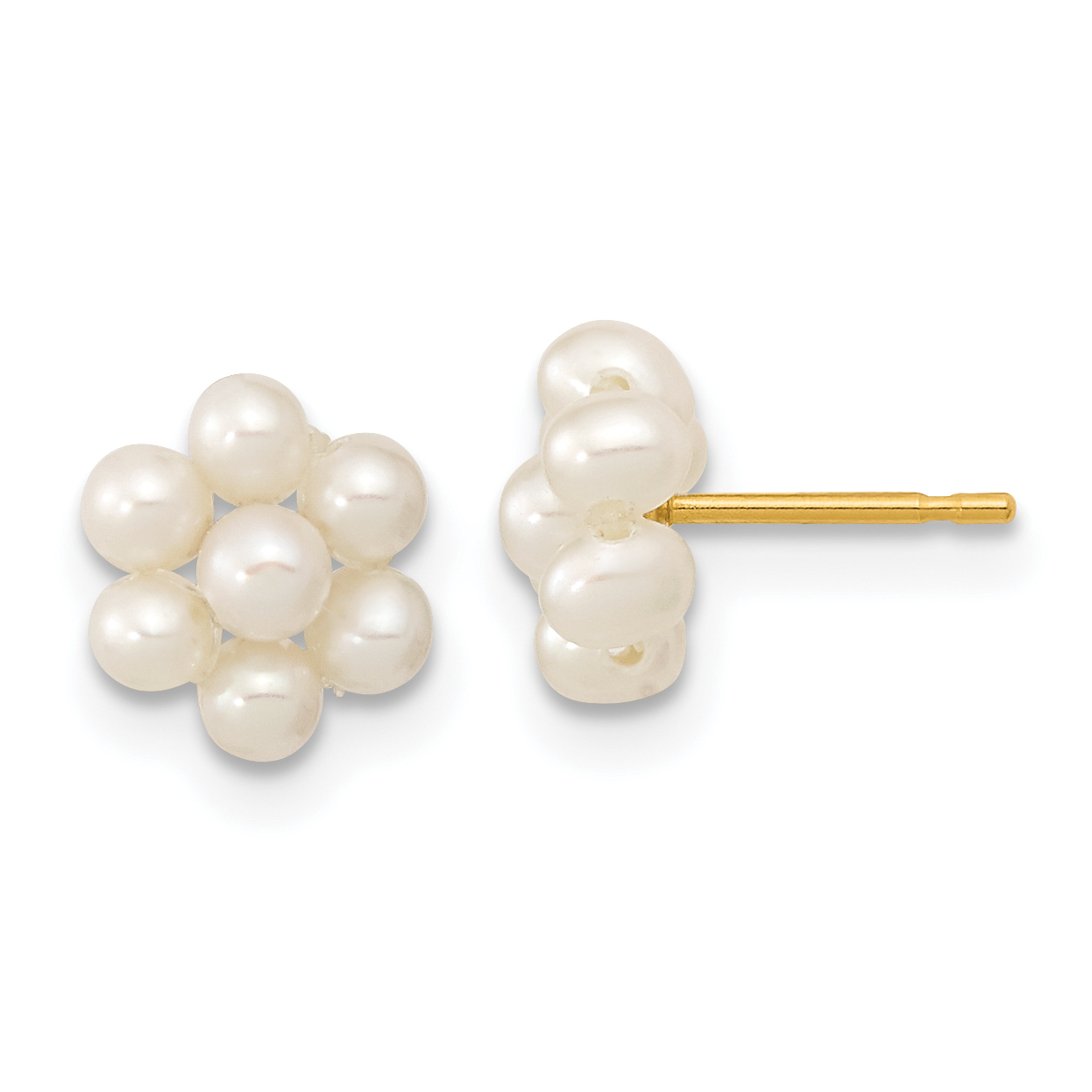 10k 2-3mm White Button Freshwater Cultured Pearl Flower Post Earrings (10XF618E)