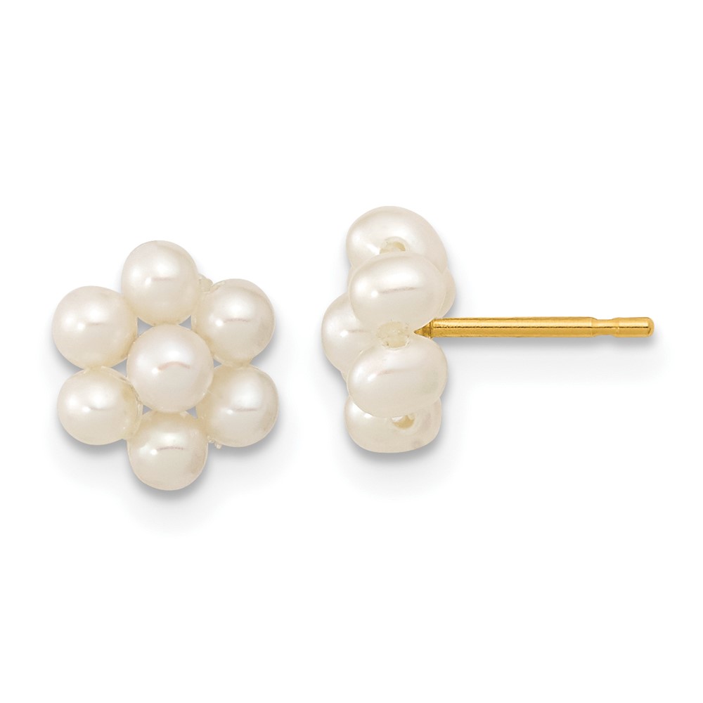 10k 2-3mm White Button Freshwater Cultured Pearl Flower Post Earrings (10XF618E)
