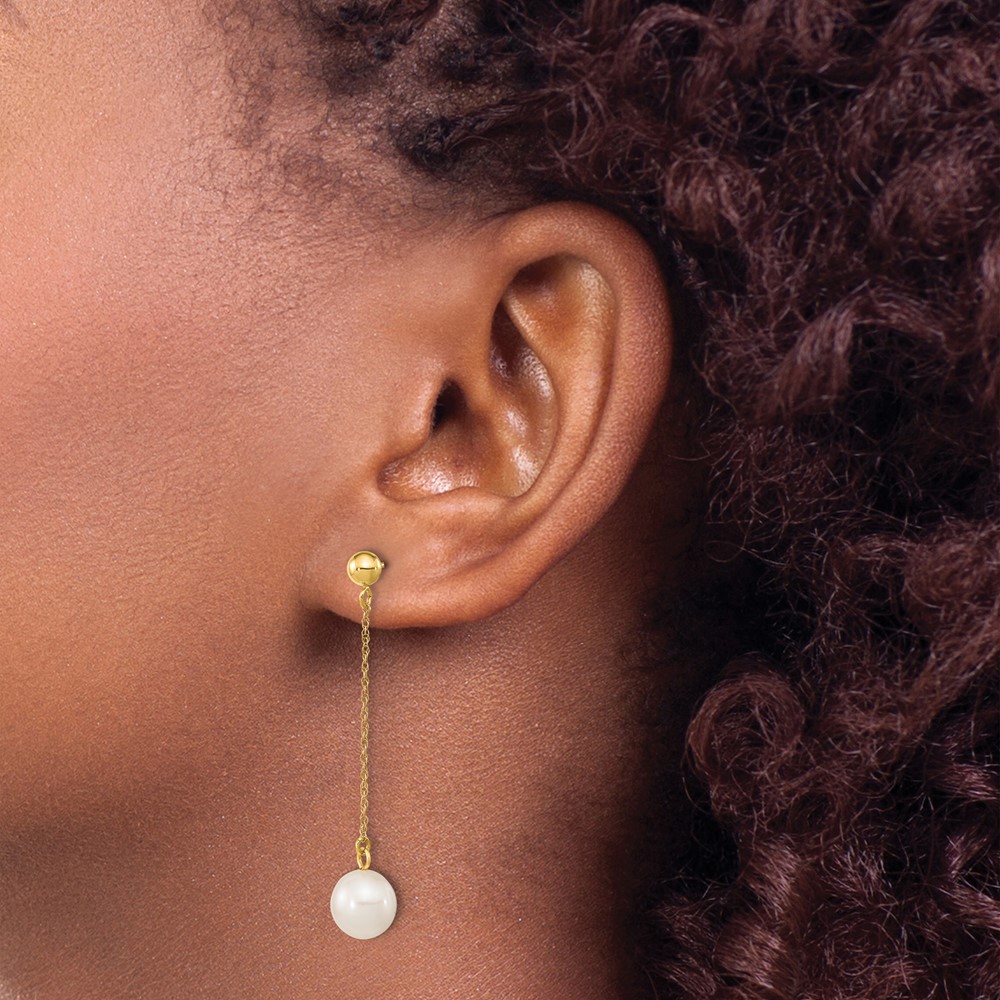 10k 7-8mm White Round Freshwater Cultured Pearl Dangle Post Earrings (10XF652E)