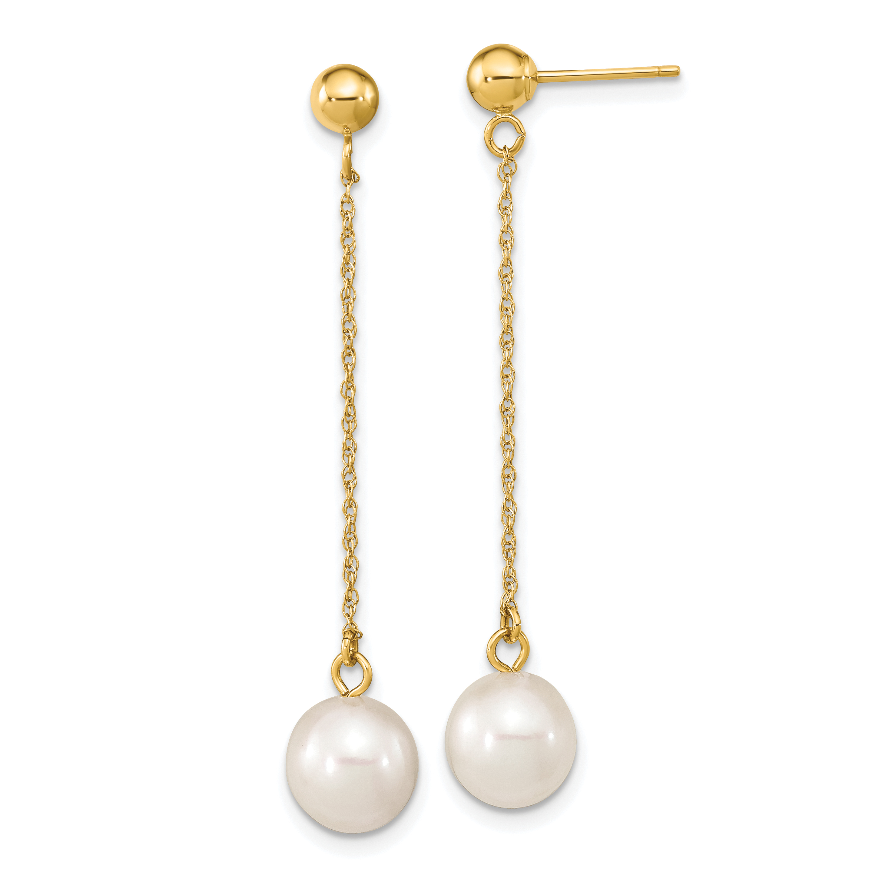 10k 7-8mm White Round Freshwater Cultured Pearl Dangle Post Earrings (10XF652E)