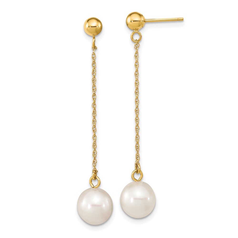 10k 7-8mm White Round Freshwater Cultured Pearl Dangle Post Earrings (10XF652E)