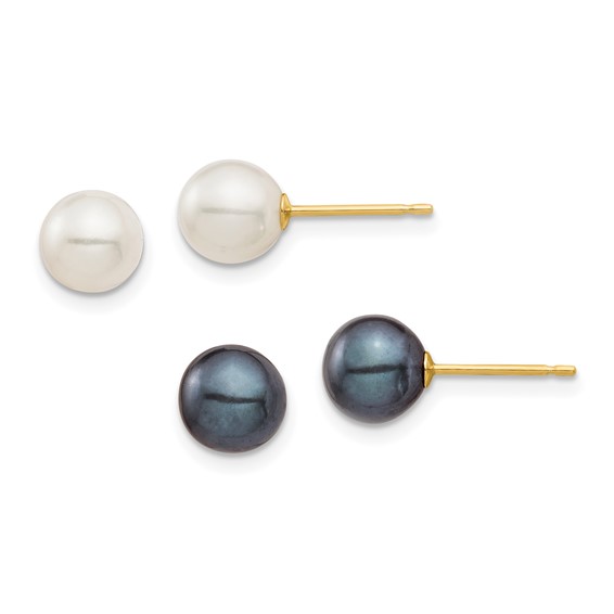 10K 6-7mm Black and White Round Freshwater Pearl 2 Pair Stud Post Earrings Set