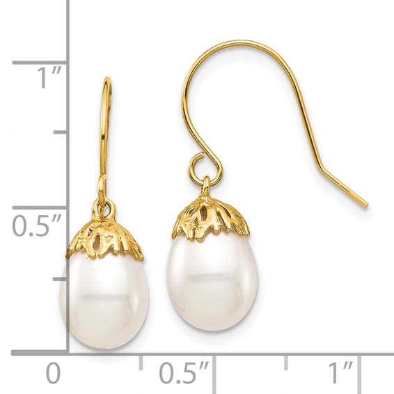 10K 7-8mm White Rice Freshwater Cultured Pearl Dangle Earrings