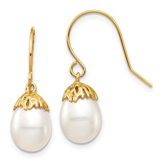10K 7-8mm White Rice Freshwater Cultured Pearl Dangle Earrings