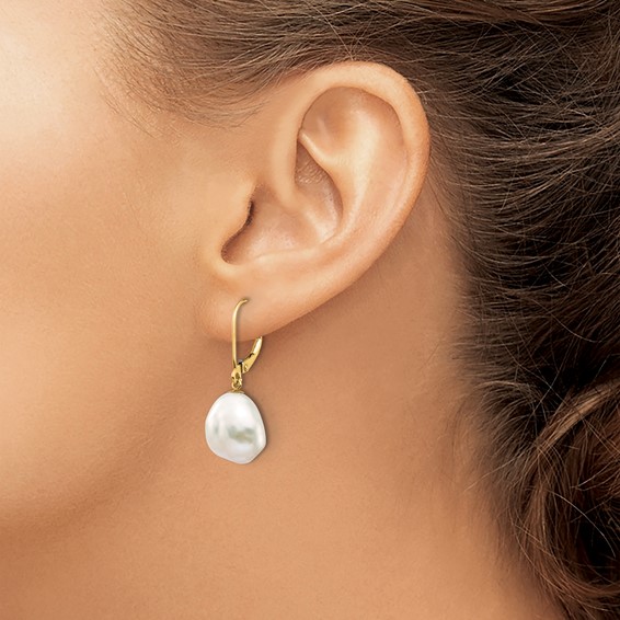 10K 10x12mm White Keshi Freshwater Cultured Pearl Leverback Earrings
