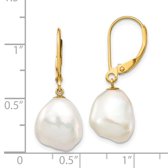 10K 10x12mm White Keshi Freshwater Cultured Pearl Leverback Earrings