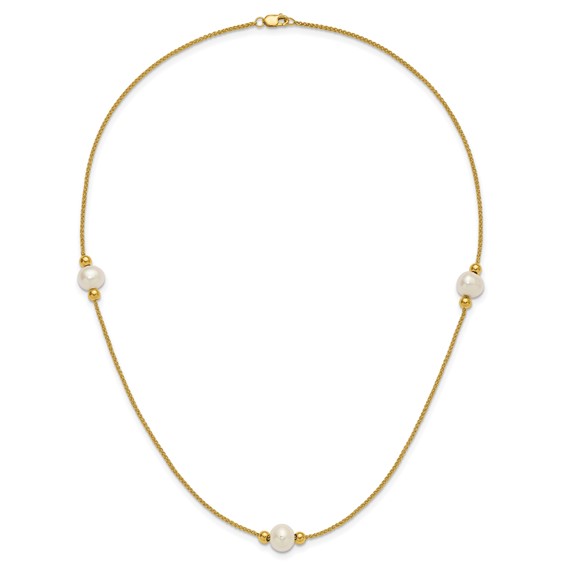 10k Polished 8-9mm Semi-Round White Freshwater Cultured Pearl 3-Station 18 inch Necklace