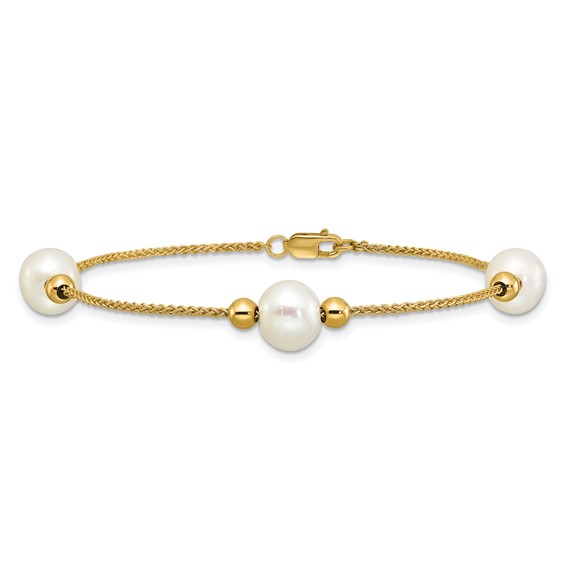 10k Polished 8-9mm Semi-Round White Freshwater Cultured Pearl 3-Station 7.5 inch Bracelet