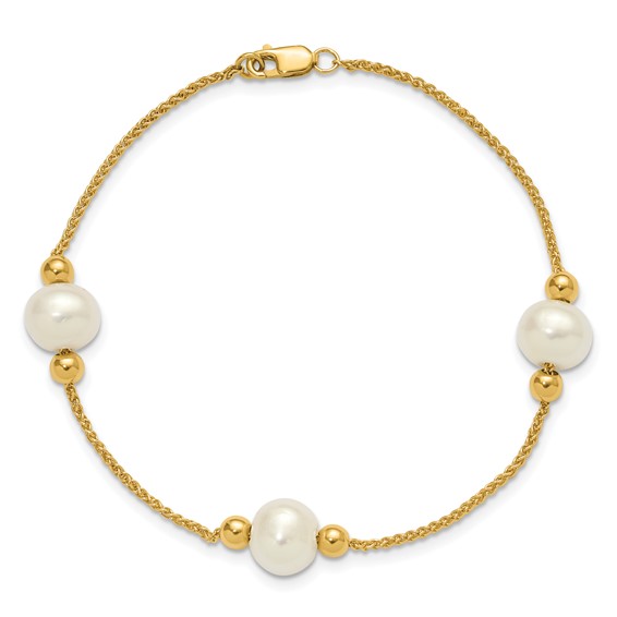 10k Polished 8-9mm Semi-Round White Freshwater Cultured Pearl 3-Station 7.5 inch Bracelet