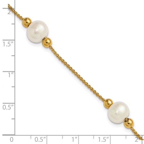 10k Polished 8-9mm Semi-Round White Freshwater Cultured Pearl 3-Station 7.5 inch Bracelet