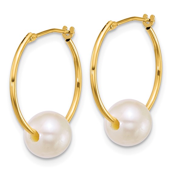 10k Polished 7-8mm Semi-Round White Freshwater Cultured Pearl Hoop Earrings