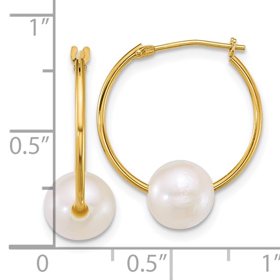 10k Polished 7-8mm Semi-Round White Freshwater Cultured Pearl Hoop Earrings