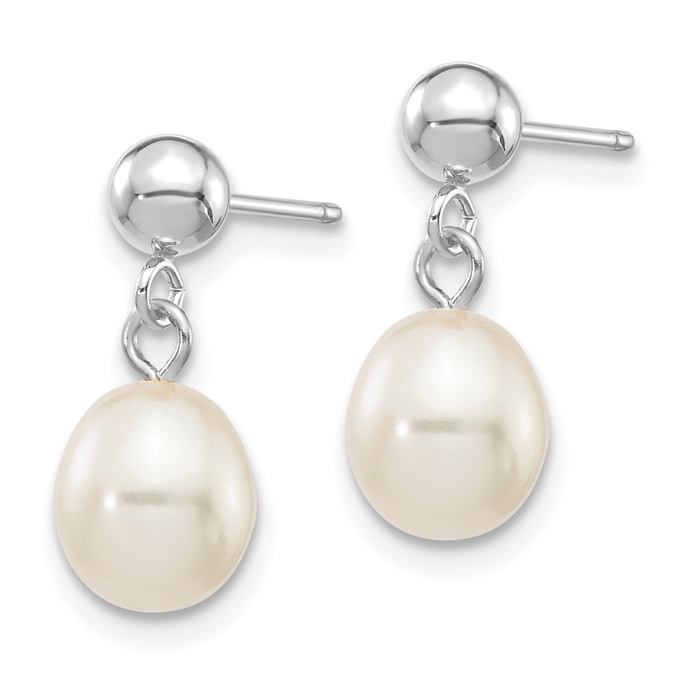 10k White Gold 6-7mm White Rice Freshwater Cultured Pearl Dangle Post Earrings (10XFW252E)
