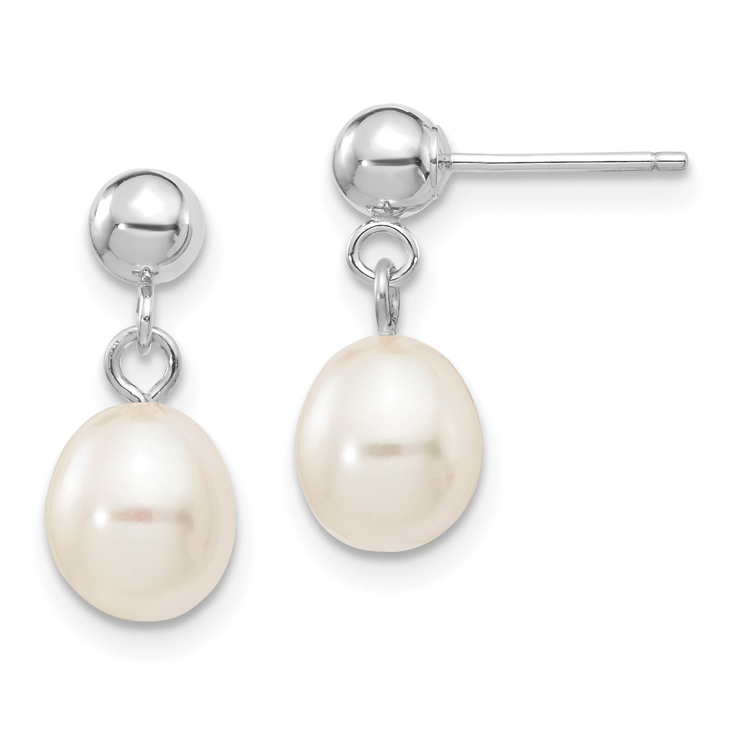 10k White Gold 6-7mm White Rice Freshwater Cultured Pearl Dangle Post Earrings (10XFW252E)
