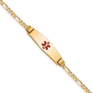 10k Medical Soft Diamond Shape Red Enamel Figaro ID Bracelet