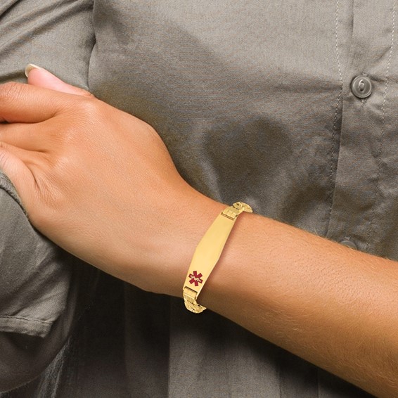 10k Medical Soft Diamond Shape Red Enamel Curb Link ID Bracelet