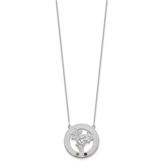 10k White Gold Circle w/2 Birth Flower and Birthstone Necklace