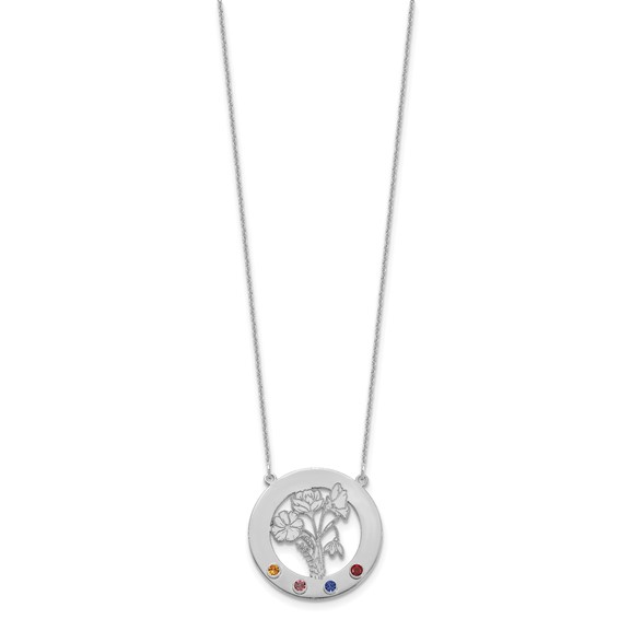 10k White Gold Circle w/4 Birth Flower and Birthstone Necklace