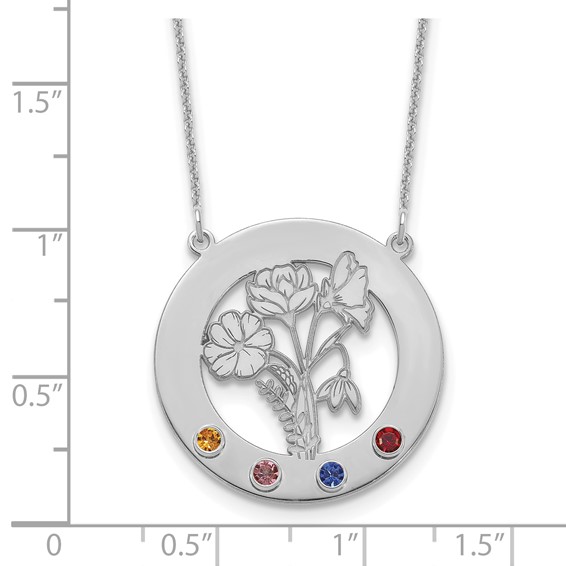 10k White Gold Circle w/4 Birth Flower and Birthstone Necklace