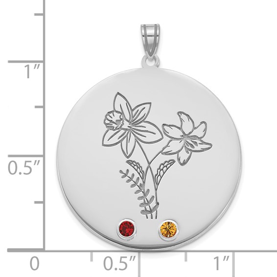 10k White Gold Circle w/2 Birth Flower and Birthstone Pendant