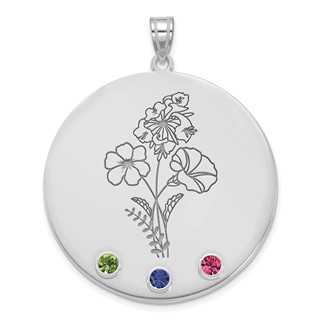 10k White Gold Circle w/3 Birth Flower and Birthstone Pendant