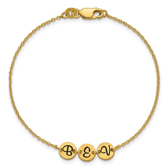 10k Yellow Gold Brushed 3 Station Disc with Epoxy Initial Bracelet