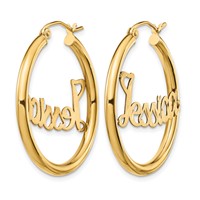 10K Yellow Gold Satin and Diamond-cut Name Plate Hoop Earrings view 2