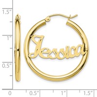 10K Yellow Gold Satin and Diamond-cut Name Plate Hoop Earrings view 3