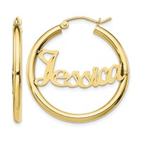 10K Yellow Gold Satin and Diamond-cut Name Plate Hoop Earrings view 1