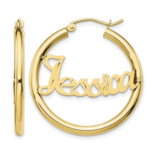 10K Yellow Gold Satin and Diamond-cut Name Plate Hoop Earrings