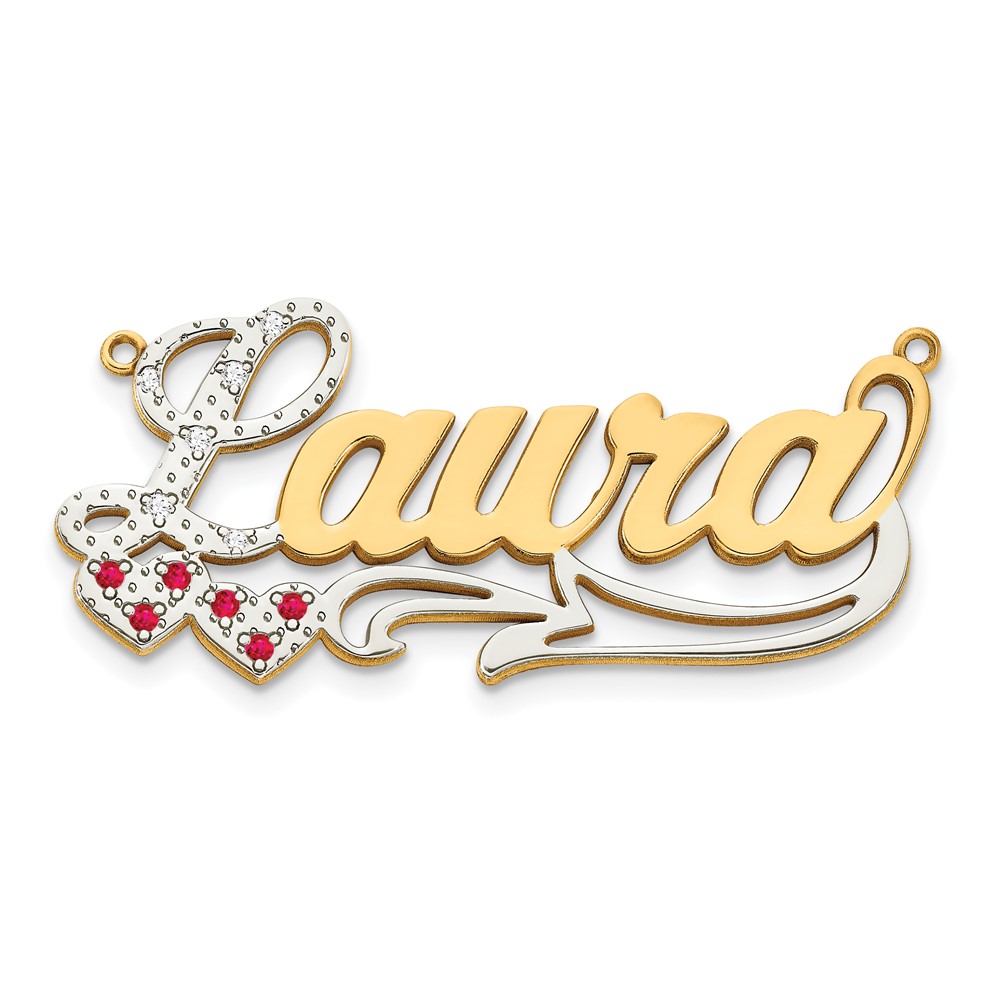 10K with Rhodium and Ruby 3D Diamond with Hearts Name Plate