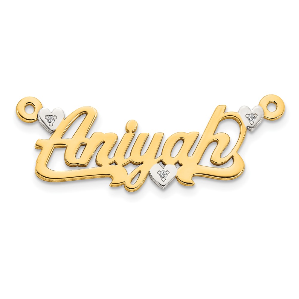 10K Yellow Gold and Rhodium 3D Diamond with Hearts Name Plate