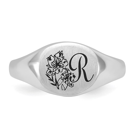 10k White Gold Epoxy Initial and Birth Flower Signet Ring