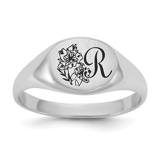 10k White Gold Epoxy Initial and Birth Flower Signet Ring