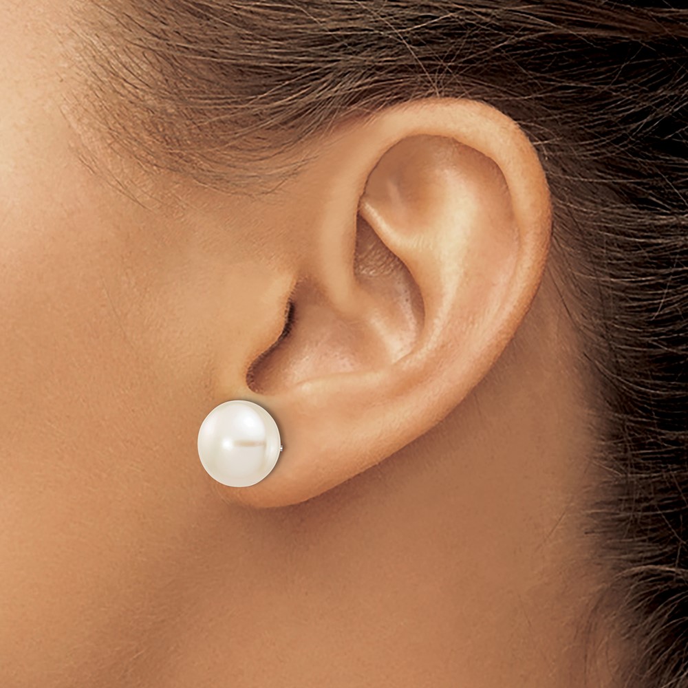 10k White Gold 10-11mm White Button Freshwater Cultured Pearl Stud Post Earrings (10XW100BW)