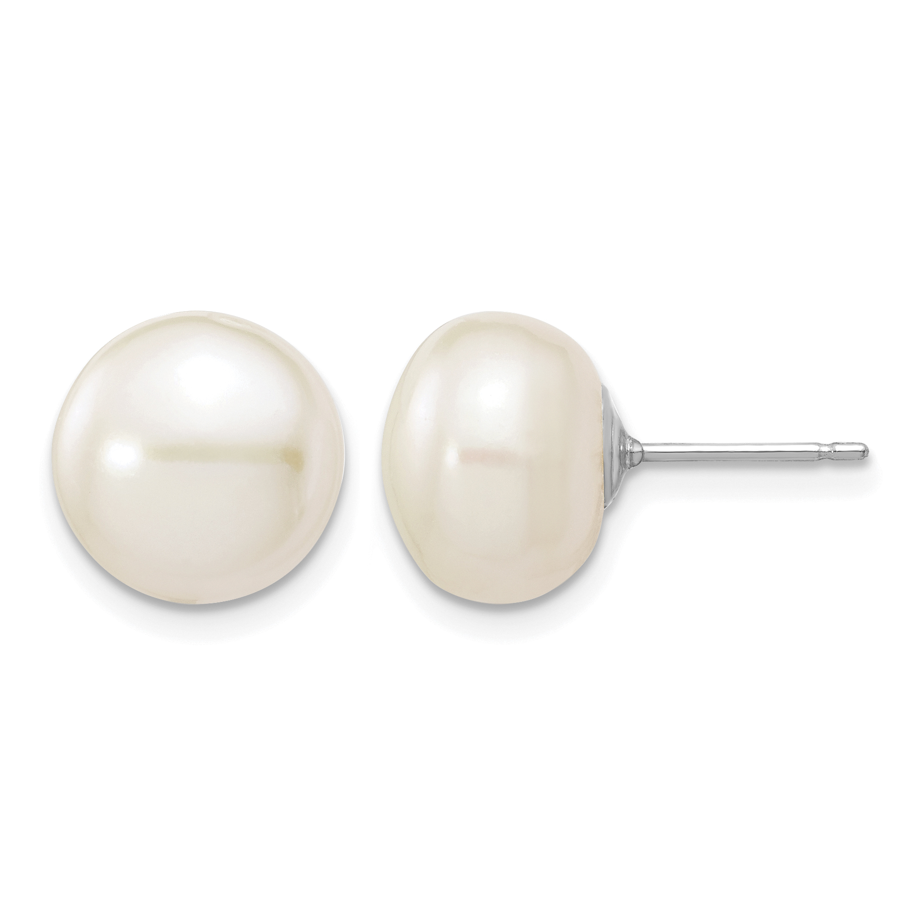 10k White Gold 10-11mm White Button Freshwater Cultured Pearl Stud Post Earrings (10XW100BW)