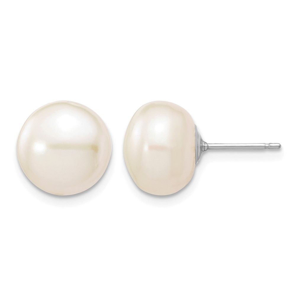 10k White Gold 10-11mm White Button Freshwater Cultured Pearl Stud Post Earrings (10XW100BW)