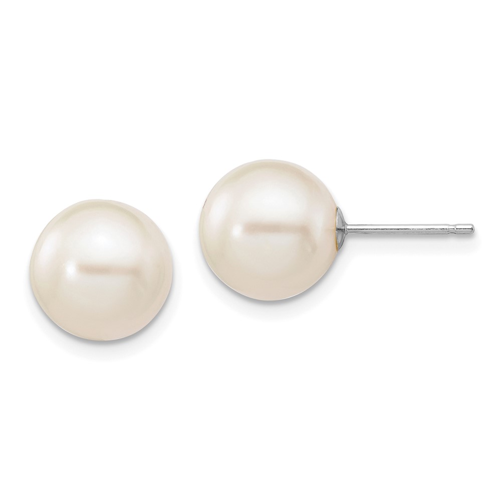 10k White Gold 9-10mm White Round Freshwater Cultured Pearl Stud Post Earrings (10XW90PW)