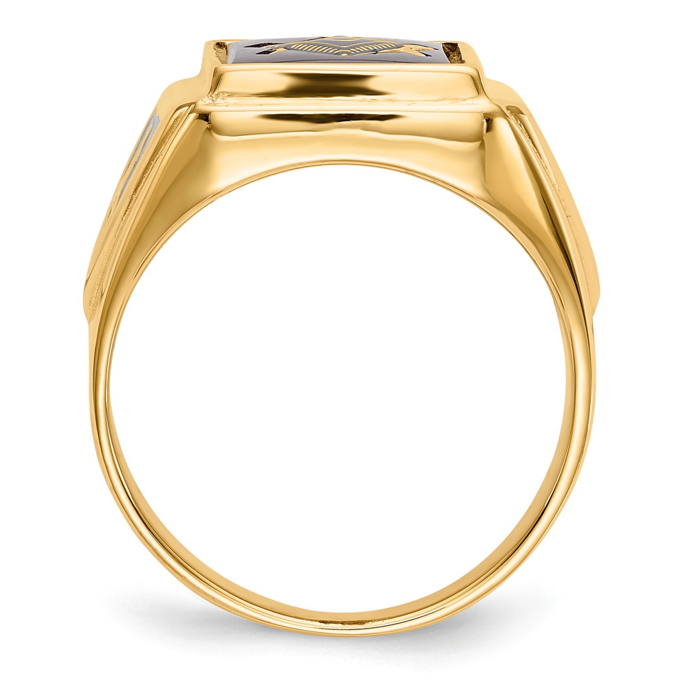 10k Men's Polished and Textured with Black Enamel and Lab Created Ruby Masonic Ring (10Y1576M)