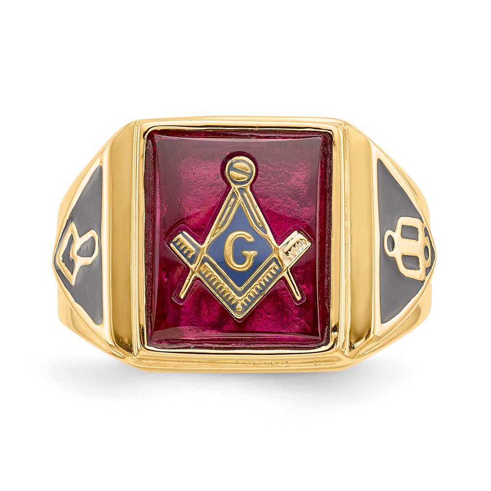 10k Men's Polished and Textured with Black Enamel and Lab Created Ruby Masonic Ring (10Y1576M)