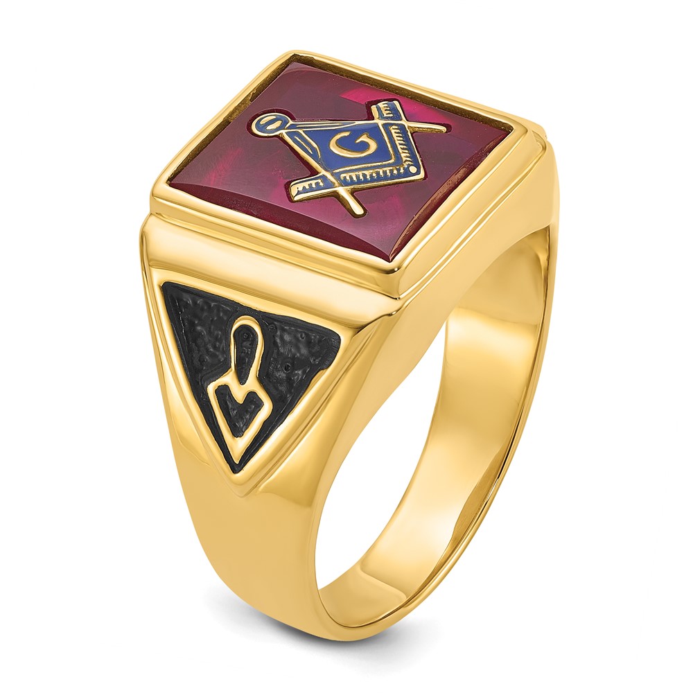 10k Men's Polished and Textured with Black Enamel and Lab Created Ruby Masonic Ring (10Y1576M)
