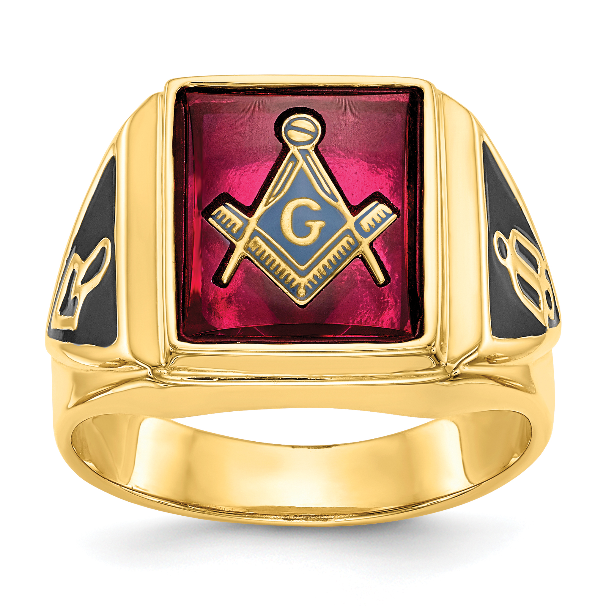 10k Men's Polished and Textured with Black Enamel and Lab Created Ruby Masonic Ring (10Y1576M)