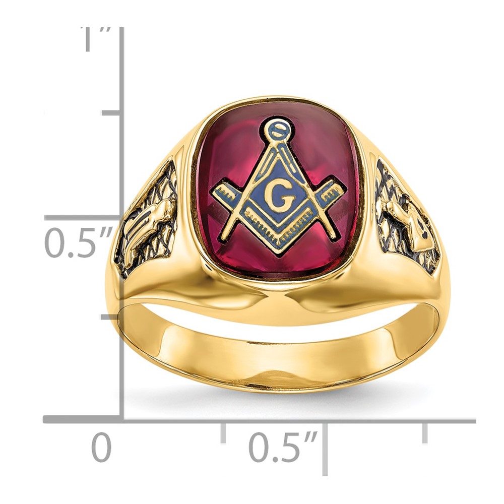 10k Men's Polished and Textured with Black Enamel and Lab Created Ruby Masonic Ring (10Y1583M)