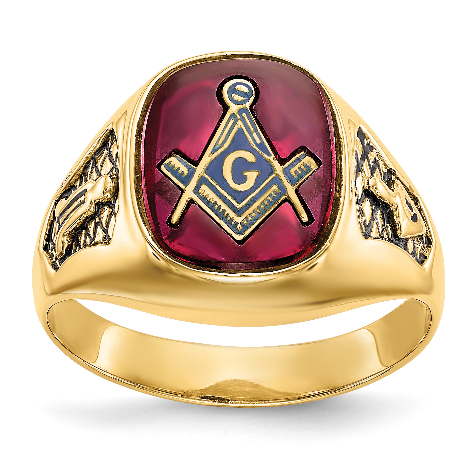 10k Men's Polished and Textured with Black Enamel and Lab Created Ruby Masonic Ring (10Y1583M)