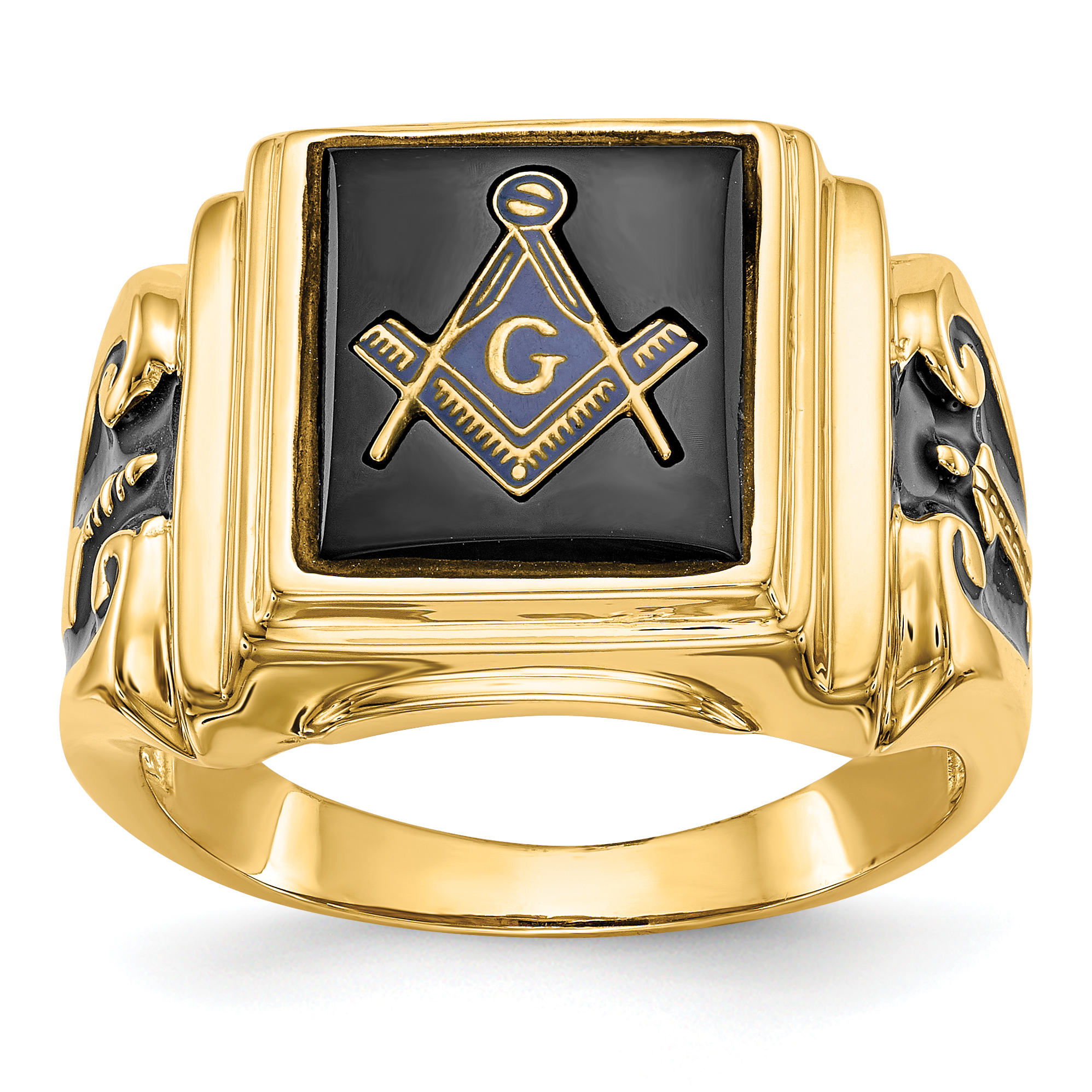 10k Men's Polished and Textured with Black Enamel and Onyx Masonic Ring (10Y1593M)