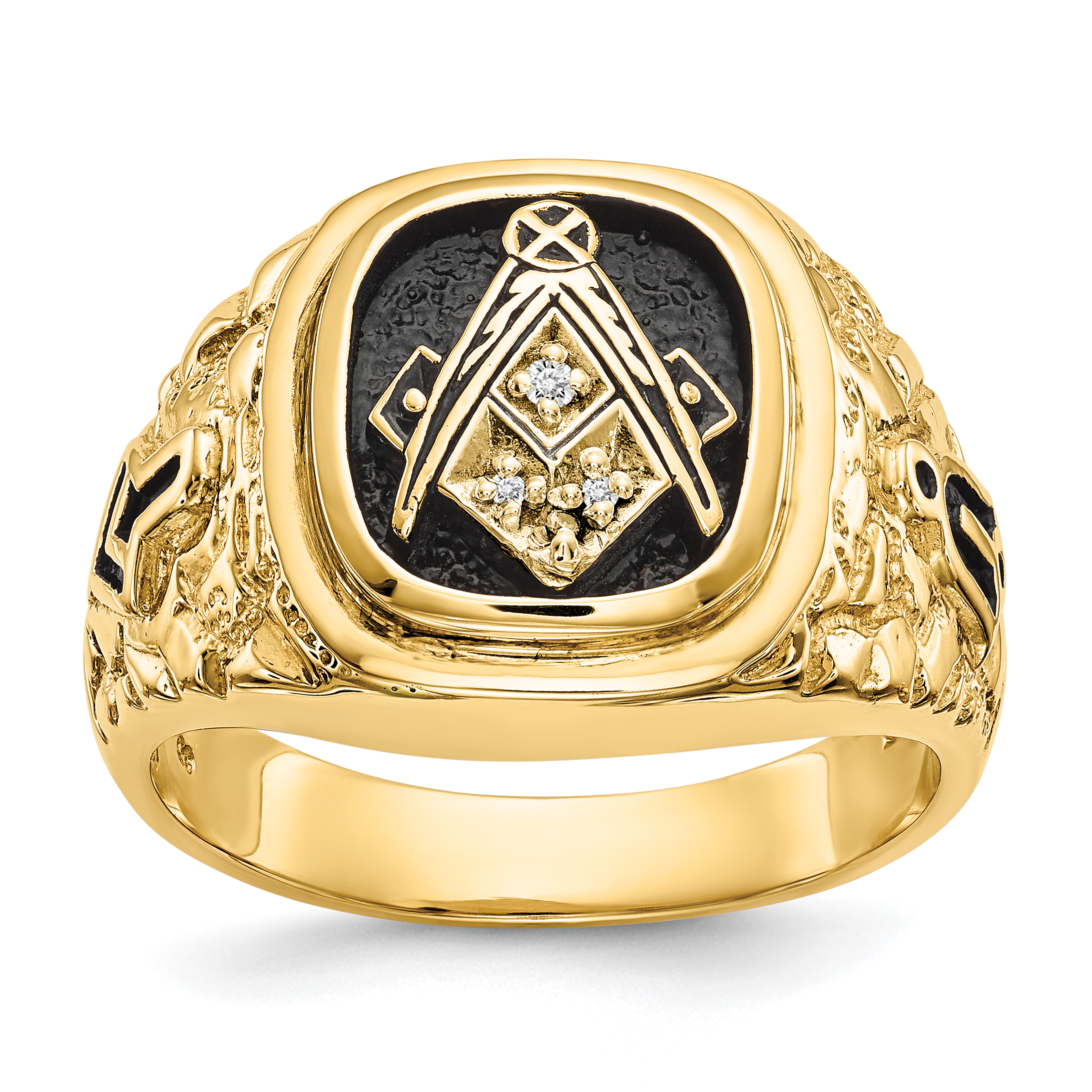10k Polished, Antiqued and Nugget Texture AA Quality Diamond Masonic Ring (10Y4035AA)