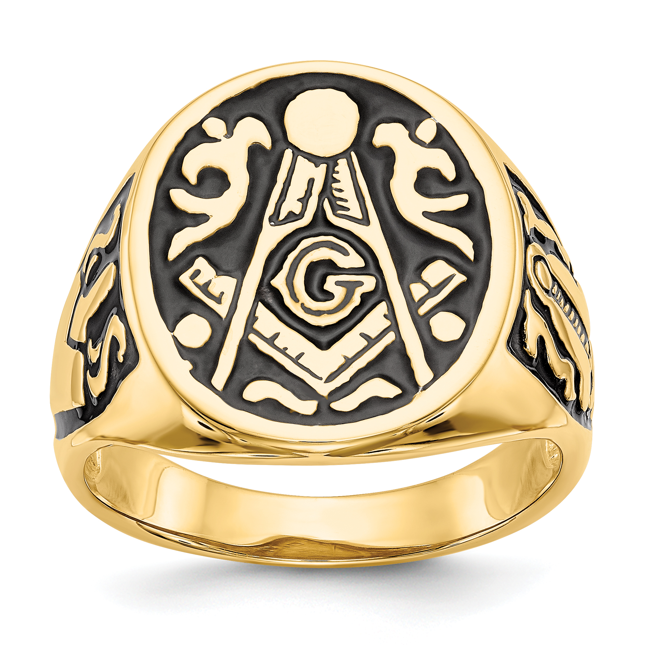 10k Men's Polished and Grooved with Black Enamel Masonic Ring (10Y4041M)
