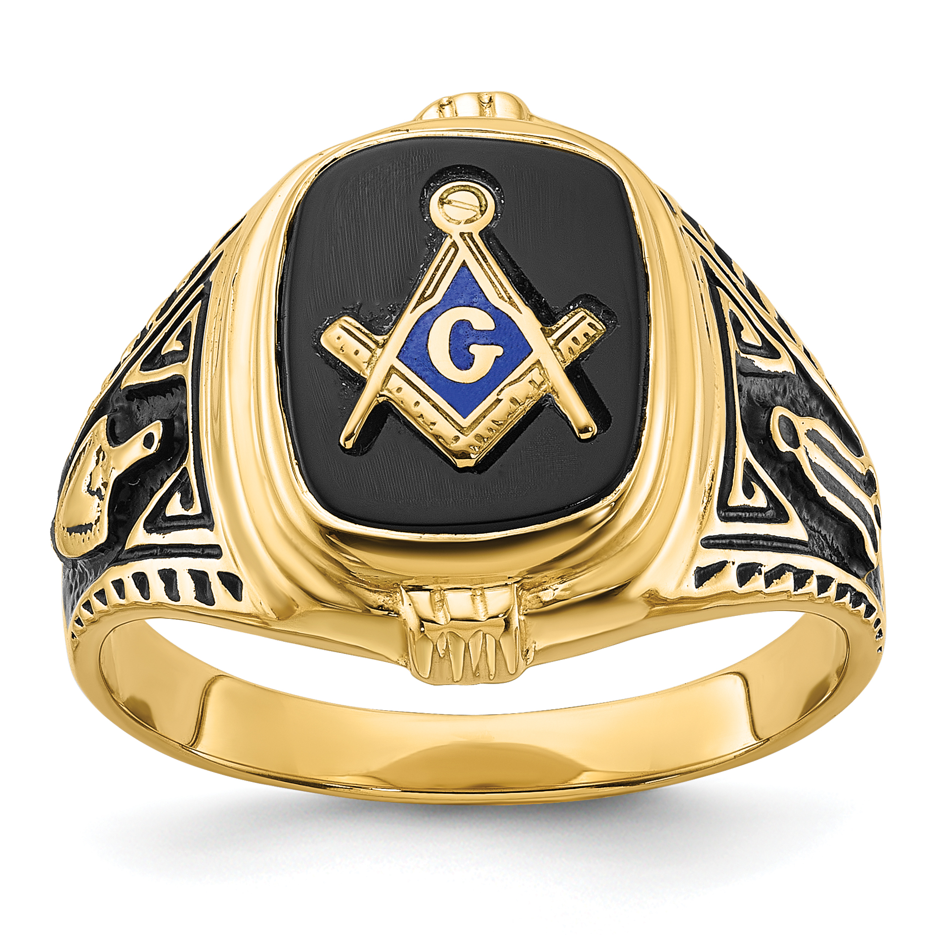 10k Men's Polished, Antiqued and Textured with Onyx Masonic Ring (10Y4078M)
