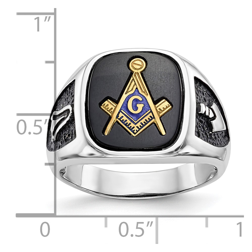 10k White Gold and Gold-plated Polished and Textured with Black Enamel and Onyx Masonic Ring (10Y4085M)